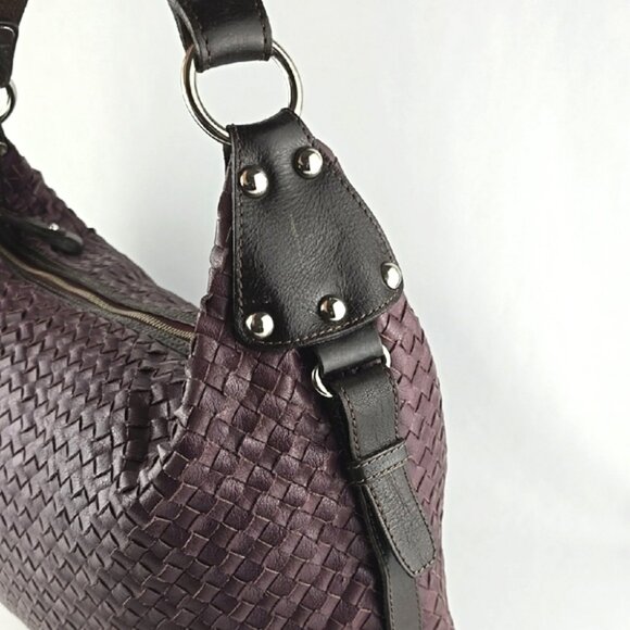 TANO Purple Black Woven Leather Large Shoulder Handbag Satchel Top Zip Closure - Picture 6 of 15